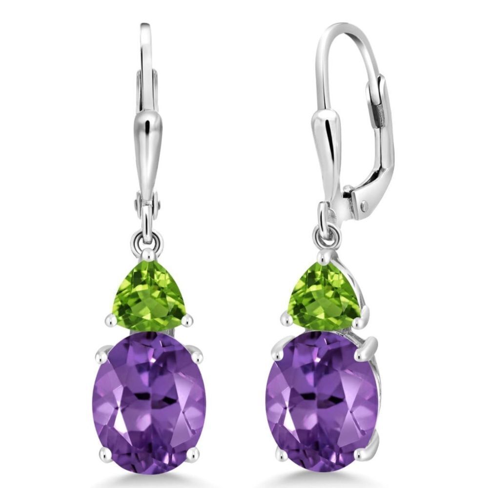 925 Sterling Silver with 5.56 Cttw Drop Amethyst and Peridot Leverback Earrings